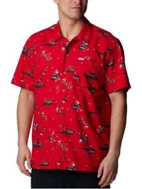 Columbia PFG Men’s Trollers Christmas SS Fishing Shirt Red Reel Joy Sz XXL
